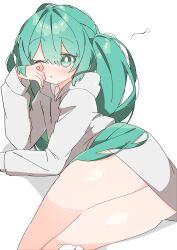 Rule 34 | 1girl, :&lt;, absurdres, alternate costume, aqua eyes, aqua hair, arm support, ass, commentary, feet out of frame, hatsune miku, highres, hood, hoodie, light blush, lying, no pants, on side, one eye closed, rubbing eyes, shiny skin, squeans, sleepwear, sleepy, solo, thick thighs, thighs, twintails, uruti 2388, vocaloid, waking up, white background, white hoodie