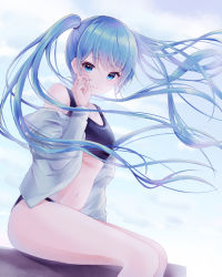 Rule 34 | 1girl, absurdres, bad id, bad pixiv id, bikini, black bikini, blue eyes, blue hair, blurry, blurry background, closed mouth, day, floating hair, fusuma (ramunezake), hair between eyes, hatsune miku, highres, huge filesize, jacket, long hair, long sleeves, looking at viewer, navel, off shoulder, open clothes, open jacket, outdoors, sitting, smile, solo, sports bikini, swimsuit, twintails, very long hair, vocaloid, white jacket