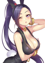 Rule 34 | 1girl, animal ears, blue hair, blush, bracelet, breasts, cleavage, collar, collarbone, commentary request, dragon quest, dragon quest xi, heart, highres, jewelry, large breasts, long hair, looking at viewer, martina (dq11), one eye closed, ponytail, puff puff, purple hair, rabbit ears, rabbit tail, senri gan, simple background, sleeveless, solo, tail, upper body, white background