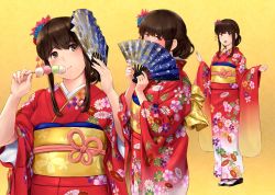 Rule 34 | 1girl, akagi (kancolle), alternate costume, alternate hairstyle, bad link, blush, brown eyes, brown hair, covering own mouth, eating, floral print, folded ponytail, folding fan, food, furisode, gradient background, hair ornament, hand fan, highres, holding, holding fan, japanese clothes, kantai collection, kimono, legs together, long hair, looking at viewer, multiple views, obiage, obijime, open mouth, red kimono, sandals, sidelocks, smile, standing, tabi, w arms, wa (genryusui), white footwear, wide sleeves, zouri