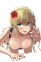 Rule 34 | 1girl, all fours, barefoot, blonde hair, blue eyes, blush, breasts, claw pose, cleavage, collarbone, flower, foreshortening, hair between eyes, hair flower, hair ornament, hareno chiame, hibiscus, large breasts, long hair, looking at viewer, open mouth, original, overalls, simple background, smile, solo, tsurime, wavy hair, white background