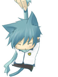 Rule 34 | 1boy, 89 (yakuru), animal ears, blue eyes, cat boy, cat ears, chibi, closed eyes, holding, kaito (vocaloid), kemonomimi mode, lowres, male focus, mini person, miniboy, scarf, simple background, solo, vocaloid