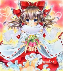 Rule 34 | 1girl, at classics, blue eyes, blush, bow, brown hair, detached sleeves, female focus, gift, gradient background, hair bow, hair tubes, hakurei reimu, heart, japanese clothes, long hair, marker (medium), miko, panties, perfect cherry blossom, ribbon, sample watermark, scarf, skirt, smile, solo, touhou, traditional media, underwear, valentine, watermark
