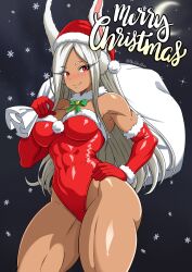 Rule 34 | 1girl, abs, absurdres, animal ears, bare shoulders, blush, boku no hero academia, bow, breasts, christmas, commentary, contrapposto, covered abs, covered navel, crescent moon, dark-skinned female, dark skin, elbow gloves, english commentary, english text, fur-trimmed gloves, fur-trimmed headwear, fur-trimmed leotard, fur collar, fur trim, gloves, green bow, hand on own hip, hat, highleg, highleg leotard, highres, holding, holding sack, large breasts, leotard, long eyelashes, long hair, looking at viewer, merry christmas, mirko, moon, muscular, muscular female, parted bangs, rabbit ears, rabbit girl, red eyes, red gloves, red hat, red leotard, sack, santa hat, smile, snowflakes, snowing, solo, strapless, theoiledone, thick thighs, thighs, toned, twitter username, very long hair, white hair