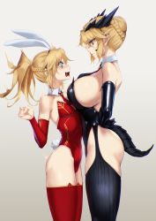 Rule 34 | 2girls, alternate costume, animal ear legwear, animal ears, artoria pendragon (fate), artoria pendragon (lancer alter) (fate), ass, asymmetrical docking, bare shoulders, black gloves, black neckwear, blonde hair, blueorca, braid, breast press, breasts, cat ear legwear, closed mouth, collarbone, commentary, cowboy shot, crown braid, detached collar, dragon tail, elbow gloves, expressionless, face-to-face, fake animal ears, fake tail, fate/grand order, fate (series), french braid, from side, gloves, grey background, hair between eyes, hand on own hip, hand up, height difference, highleg, highleg leotard, highres, horns, huge breasts, large breasts, leotard, long hair, looking at another, looking down, mordred (fate), mordred (fate/apocrypha), mother and daughter, multiple girls, necktie, open mouth, playboy bunny, profile, rabbit ears, rabbit tail, red legwear, red leotard, red neckwear, shiny clothes, short hair, sidelocks, skindentation, small breasts, tail, tearing up, thighhighs, yellow eyes