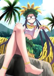 Rule 34 | 1girl, absurdres, anklet, banana, barefoot, commentary, crown, day, doyagao, feet, food, fruit, glasses, grass skirt, highres, holding, holding food, holding fruit, jewelry, crossed legs, long hair, n2midori, oogaki chiaki, opaque glasses, outdoors, palm tree, purple hair, sitting, smug, solo, tree, twintails, yurucamp