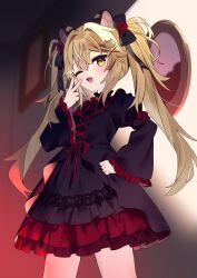 Rule 34 | 1girl, ;d, animal ears, animal hair ornament, black dress, blonde hair, bow, bowtie, collared dress, cowboy shot, crossed bangs, dress, fang, frilled dress, frills, hair ornament, hand on own hip, hand up, highres, long hair, long sleeves, mirror, multicolored background, one eye closed, open mouth, original, red bow, red bowtie, red dress, smile, solo, standing, twintails, two-tone dress, v, x hair ornament, yellow eyes, zenshin