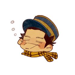 Rule 34 | 1boy, black hair, blush, brown hair, chibi, cropped shoulders, golden kamuy, hat, highres, imperial japanese army, kepi, male focus, military hat, scar, scar on face, scar on nose, scarf, short hair, simple background, sleeping, solo, spiked hair, sugimoto saichi, tonta (tonta1231), white background, yellow scarf