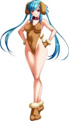 Rule 34 | 1girl, absurdres, animal ears, ass, bare legs, bare shoulders, bishop (company), blue hair, breasts, cosplay, covered navel, curvy, dog ears, fake tail, female focus, full body, gloves, highleg, highleg leotard, highres, kagami hirotaka, legs, legs together, leotard, long hair, looking at viewer, mesu kyoushi 4, nipples, partially visible vulva, paw gloves, paws, pink eyes, red eyes, shiny skin, smile, solo, tail, takamine miyu, twintails, very long hair, wide hips