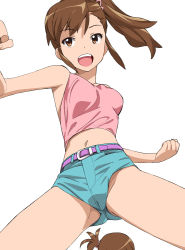Rule 34 | 10s, 2girls, :d, a1 (initial-g), belt, brown eyes, brown hair, camisole, clenched hand, clenched hands, futami ami, futami mami, idolmaster, idolmaster (classic), idolmaster 2, midriff, multiple girls, open mouth, short hair, shorts, siblings, side ponytail, simple background, sisters, smile, spread legs, thighs, twins
