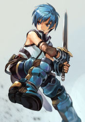 Rule 34 | 1boy, armor, blue eyes, blue hair, fayt leingod, fingerless gloves, gloves, greaves, hungry clicker, male focus, open mouth, simple background, solo, square enix, star ocean, star ocean till the end of time, sword, tri-ace, weapon
