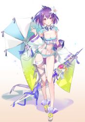 Rule 34 | 1girl, artist request, bikini, breasts, cleavage, flower, full body, hair flower, hair ornament, highres, houchi shoujo, kakou ha (houchi shoujo), legs, looking at viewer, medium breasts, parted lips, purple hair, red eyes, ribbon, short hair, simple background, solo, standing, swimsuit, umbrella, white background