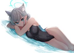 Rule 34 | 1girl, animal ear fluff, animal ears, arms behind head, arms up, black one-piece swimsuit, blue archive, blue eyes, closed mouth, commentary request, competition swimsuit, dutch angle, eyebrows hidden by hair, feet out of frame, grey hair, hair between eyes, hair ornament, halo, highres, looking at viewer, low ponytail, lying, nanana narang, on side, one-piece swimsuit, ponytail, shallow water, shiroko (blue archive), shiroko (swimsuit) (blue archive), solo, swimsuit, water, white background