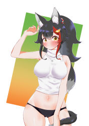 Rule 34 | 1girl, animal ears, black hair, black panties, blush, breasts, brown eyes, commentary request, cowboy shot, gluteal fold, gradient background, green background, hair ornament, highres, hololive, kani bonara, large breasts, long hair, looking at viewer, low-tied long hair, multicolored background, multicolored hair, navel, no pants, ookami mio, ookami mio (street), orange background, panties, ponytail, red hair, solo, streaked hair, tail, tail around own leg, underwear, virtual youtuber, white background, wolf ears, wolf girl, wolf tail
