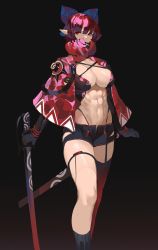 Rule 34 | 1girl, abs, black background, blue bow, bow, breasts, cleavage, hair bow, highres, holding, holding sword, holding weapon, katana, large breasts, looking at viewer, mole, mole under eye, muscular, muscular female, navel, pointy ears, red eyes, red hair, sekibanki, sheath, sheathed, short hair, short shorts, shorts, simple background, solo, sword, thighs, tomatolover16, touhou, weapon