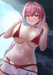 Rule 34 | 1girl, bare shoulders, bikini, blush, breasts, cleavage, dolphin shorts, earrings, hair between eyes, halterneck, heart, heart earrings, heart necklace, heterochromia, highres, hololive, houshou marine, houshou marine (summer), jewelry, large breasts, long hair, looking at viewer, navel, necklace, official alternate costume, open mouth, red bikini, red eyes, red hair, shimaketa, short shorts, shorts, solo, string bikini, sweat, swimsuit, virtual youtuber, white shorts, yellow eyes