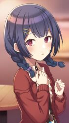 Rule 34 | 1girl, belt, belt buckle, blue hair, blurry, blurry background, blush, bow, braid, brown belt, buckle, cardigan, clenched hand, collared shirt, depth of field, dot nose, fingernails, hair bobbles, hair ornament, hair over shoulder, hairclip, hand on own chest, highres, idolmaster, idolmaster shiny colors, long sleeves, looking at viewer, morino rinze, multicolored shirt, open cardigan, open clothes, parted lips, red cardigan, red eyes, saka nanato, shirt, solo, table, twin braids, upper body, white bow, white shirt, wooden table