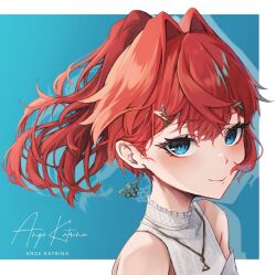 Rule 34 | 1girl, akechi (akechi 5416), ange katrina, ange katrina (5th costume), blue eyes, commentary request, earrings, hair intakes, hair ornament, hairclip, halterneck, highres, jewelry, nijisanji, ponytail, red hair, shirt, short hair, smile, solo, virtual youtuber, white shirt