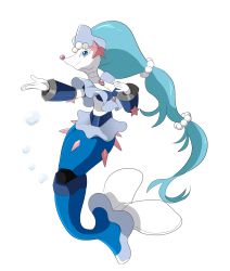 Rule 34 | absurdres, blue eyes, blue hair, breasts, bubble, closed mouth, commentary request, creatures (company), full body, game freak, gen 7 pokemon, highres, long hair, mechanization, mega man (series), mega man x (series), nintendo, no humans, parody, pokemon, pokemon (creature), primarina, smile, solo, spray poka, style parody, transparent background, very long hair
