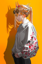 Rule 34 | 1girl, absurdres, baggy clothes, black pants, blonde hair, chainsaw man, collared shirt, cross-shaped pupils, eyewear on head, floral print, ganet p, hair between eyes, highres, horns, looking to the side, medium hair, pants, ponytail, power (chainsaw man), red horns, round eyewear, shadow, shirt, simple background, solo, sweat, symbol-shaped pupils, white shirt, yellow background, yellow eyes