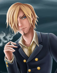 Rule 34 | 1boy, blonde hair, cigarette, double-breasted, formal, hair over one eye, male focus, necktie, one piece, sanji (one piece), shirt, smoking, solo, suit, yellow shirt