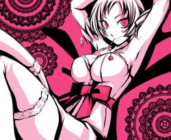 Rule 34 | 1girl, against wall, armpits, arms up, atlus, bow, breasts, catherine, catherine (game), cherry, choker, dress, drill hair, face, food, fruit, hanikura, highres, lace, lace-trimmed legwear, lace trim, large breasts, looking at viewer, monochrome, mouth hold, naughty face, pink eyes, pink theme, reclining, red eyes, sash, short dress, short hair, sitting, smile, solo, thighhighs, twin drills, twintails, waist bow, zettai ryouiki