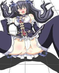 Rule 34 | 10s, 1girl, artist request, ass, bare shoulders, black hair, blush, boots, breasts, cameltoe, detached sleeves, dress, floor, hair ribbon, highres, long hair, looking at viewer, neptune (series), noire (neptunia), open mouth, panties, pantyshot, red eyes, ribbon, shadow, solo, spread legs, thigh boots, thighhighs, twintails, underwear