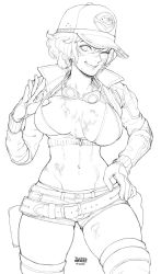 Rule 34 | 1girl, baseball cap, belt, bikini, bikini top only, breasts, brekkist, cidney aurum, cleavage, cropped jacket, dirty, dirty face, earrings, final fantasy, final fantasy xv, gloves, goggles, goggles around neck, greyscale, hat, highres, jacket, jewelry, large breasts, looking at viewer, midriff, monochrome, navel, one eye closed, short hair, short shorts, shorts, sketch, smile, solo, strap pull, swimsuit, thighhighs, tool belt, unfinished