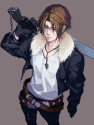 Rule 34 | 1boy, belt, black gloves, black jacket, black pants, blue eyes, brown background, brown hair, cropped jacket, crossed belts, expressionless, final fantasy, final fantasy viii, fur-trimmed jacket, fur trim, gloves, gunblade, highres, holding, holding weapon, jacket, jewelry, leather belt, long sleeves, male focus, multiple belts, necklace, nini tw99, open clothes, open jacket, over shoulder, pants, scar, scar on face, scar on forehead, shirt, short hair, simple background, solo, squall leonhart, standing, v-neck, weapon, weapon over shoulder, white shirt
