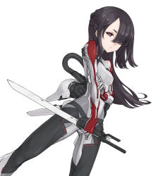 1girl, black hair, brown eyes, hair over one eye, holding, holding sword, holding weapon, kazuoki, original, pilot suit, simple background, solo, sword, weapon, white background