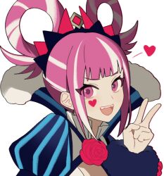 1girl :d blunt_bangs dr_metagross facial_mark fangs fire_emblem fire_emblem_engage hair_rings hashtag-only_commentary heart heart_facial_mark highres hortensia_(fire_emblem) looking_at_viewer multicolored_hair nintendo open_mouth pink_eyes pink_hair smile solo two-tone_hair upper_body v white_background white_hair