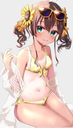 Rule 34 | 1girl, absurdres, aqua eyes, bikini, breasts, brown hair, cleavage, glasses on head, highres, hololive, looking at viewer, nanahoshi (n bl08), natsuiro matsuri, short hair, simple background, small breasts, smile, solo, swimsuit, tan, tanline, virtual youtuber