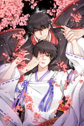 Rule 34 | 2boys, black hair, cherry blossoms, clamp (style), closed mouth, green eyes, hand grab, holding hands, hand on another&#039;s face, hand over eye, highres, japanese clothes, multiple boys, parted lips, sakurazuka seishirou, shari (shari07), short hair, sumeragi subaru, upper body, wide sleeves, x (manga), yellow eyes