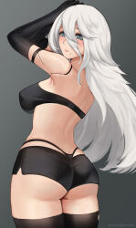 Rule 34 | 1girl, a2 (nier:automata), arm strap, ass, bandeau, bare shoulders, black gloves, black shorts, black thighhighs, breasts, commentary, cowboy shot, elbow gloves, from behind, gloves, grey background, grey eyes, hair between eyes, highres, hioyami, large breasts, long hair, midriff, mole, mole under mouth, nier:automata, nier (series), parted lips, pink lips, short shorts, shorts, solo, standing, strapless, thighhighs, thighs, tube top, underbutt, very long hair, white hair
