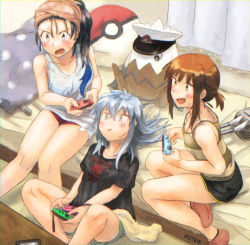 Rule 34 | 3girls, :d, admiral (kancolle), alternate costume, bare legs, bare shoulders, bed, bed sheet, black hair, black shirt, black shorts, blue eyes, blue hair, blush, breasts, brown hair, character request, cleavage, clothes writing, collarbone, contemporary, creatures (company), curtains, ergot, forehead, frills, fubuki (kancolle), game freak, gen 4 pokemon, gradient hair, green eyes, green shorts, hair between eyes, hat, hibiki (kancolle), joy-con, kantai collection, knees together feet apart, knees up, long hair, low ponytail, medium breasts, messy hair, multicolored hair, multiple girls, nintendo, non-human admiral (kancolle), on bed, open mouth, parted lips, peaked cap, pillow, playing games, poke ball, poke ball (basic), pokemon, pokemon (creature), polka dot, ponytail, red legwear, red shorts, shirt, short shorts, short sleeves, shorts, sidelocks, sitting, small breasts, smile, snover, socks, striped, suzukaze (kancolle), tank top, torpedo, towel, towel on head, v-shaped eyebrows, white hat, yellow eyes