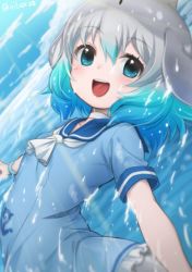 Rule 34 | 1girl, anchor symbol, artist name, blue hair, blush, choker, common bottlenose dolphin (kemono friends), day, grey hair, japari symbol, kemono friends, kemono friends 2, looking at viewer, multicolored hair, neckerchief, nyifu, open mouth, outdoors, sailor collar, short hair, short sleeves, smile, solo, twitter username, two-tone hair, water, white neckerchief