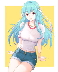 Rule 34 | 1girl, absurdres, alternate costume, aqua hair, arm support, breasts, commentary request, cowboy shot, denim, denim shorts, fire emblem, fire emblem: the blazing blade, highres, jewelry, large breasts, long hair, looking at viewer, midriff peek, navel, necklace, ninian (fire emblem), nintendo, red eyes, shirt, short shorts, short sleeves, shorts, sitting, smile, solo, thighs, truejekart, very long hair, white shirt
