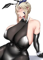 Rule 34 | 1girl, absurdres, alternate costume, animal ears, arind yudha, artoria pendragon (fate), artoria pendragon (lancer alter) (fate), bare shoulders, black bow, black bowtie, black gloves, black leotard, blush, bow, bowtie, breasts, closed mouth, covered navel, elbow gloves, fake animal ears, fate/grand order, fate (series), gloves, highres, huge breasts, leotard, looking at viewer, medium hair, pantyhose, playboy bunny, rabbit ears, simple background, solo, white background, yellow eyes