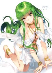 Rule 34 | 1girl, all fours, alternate costume, anklet, bangle, barefoot, blush, bracelet, breasts squeezed together, breasts, c.c., code geass, creayus, green hair, harem outfit, jewelry, long hair, princess maker (series), princess maker 2, revealing clothes, see-through, solo