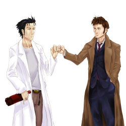 Rule 34 | 2boys, arantheus, bottle, coat, crossover, doctor who, dr pepper, fist bump, formal, highres, lab coat, male focus, multiple boys, necktie, non-web source, okabe rintarou, steins;gate, suit, tenth doctor, the doctor, trait connection
