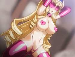 Rule 34 | 10s, 1girl, armpits, arms behind head, bdsm, blindfold, blonde hair, blue eyes, breasts, cecilia alcott, collar, covered erect nipples, covering privates, covering nipples, drill hair, elbow gloves, gloves, heart, heart pasties, heavy breathing, infinite stratos, kneeling, large breasts, legs, long hair, navel, panties, pasties, pussy juice, sex toy, simple background, slave, solo, sweat, thighhighs, thighs, topless, underwear, vibrator, vibrator under clothes, vibrator under panties, wet