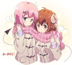 Rule 34 | 2girls, blush, brown coat, chiyoda momo, coat, cold, commentary request, curled horns, demon girl, demon horns, demon tail, duffel coat, hair ornament, hand on another&#039;s head, highres, horns, long sleeves, looking at viewer, machikado mazoku, mel (melty pot), multiple girls, pink hair, pink scarf, plaid, plaid scarf, red eyes, red hair, scarf, shared clothes, shared scarf, short hair, smile, tail, tail wrap, x hair ornament, yoshida yuuko (machikado mazoku)