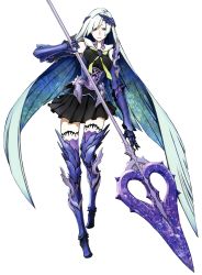 Rule 34 | 1girl, absurdly long hair, absurdres, armor, armored boots, black dress, blue hair, boots, brynhildr (fate), dress, fate/prototype, fate/prototype: fragments of blue and silver, fate (series), full body, gauntlets, highres, holding, holding weapon, long hair, looking at viewer, miwa shirow, official art, pleated skirt, polearm, purple eyes, purple thighhighs, sitting, skirt, solo, spear, thighhighs, transparent background, very long hair, weapon
