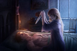 Rule 34 | 1boy, 1girl, abs, alma beoulve, arisa (cheesecakelover1992), bed, blanket, breasts, candle, chair, dagger, final fantasy, final fantasy tactics, highres, isilud tengille, knife, long hair, nightgown, pillow, short hair, weapon, window