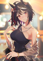 Rule 34 | 1girl, absurdres, ahoge, alternate costume, animal ears, bead necklace, beads, black dress, black hair, blurry, blurry background, bracelet, breasts, colored inner hair, commentary, dress, grin, head tilt, highres, holding, horse ears, jewelry, kitasan black (umamusume), large breasts, looking at viewer, multicolored hair, nail polish, necklace, off shoulder, purple hair, red eyes, red nails, ring, short hair, single-shoulder dress, single bare shoulder, smile, solo, umamusume, umeumeduka, upper body