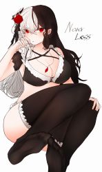 Rule 34 | 1girl, absurdres, black hair, black legwear, blush, breasts, cleavage, feet, hand on own knee, highres, jewelry, large breasts, long hair, looking at viewer, multicolored hair, necklace, red eyes, see-through, see-through legwear, soles, toes, two-tone hair, white background, white hair
