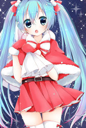 Rule 34 | 1girl, belt, blue eyes, blue hair, christmas, hatsune miku, highres, long hair, matching hair/eyes, mittens, open mouth, red mittens, sack, santa costume, shiina chiko, skirt, solo, thighhighs, twintails, very long hair, vocaloid