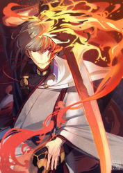Rule 34 | 1boy, age nasuo, bishounen, bowl cut, cowboy shot, fate/grand order, fate (series), fiery hair, fighting stance, fire, grey hair, hadanugi dousa, heterochromia, highres, holding, holding sword, holding weapon, japanese clothes, kimono, looking at viewer, male focus, multicolored hair, open clothes, open kimono, red eyes, red hair, short hair, solo, sword, two-tone hair, watanabe no tsuna (fate), weapon, white kimono