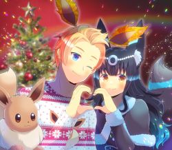 Rule 34 | 1boy, 1girl, ;), animal ears, black capelet, black hair, black jacket, blonde hair, blue eyes, blue hair, blurry, blurry background, blush, brown eyes, capelet, christmas ornaments, christmas tree, closed mouth, commentary request, commission, copyright request, creatures (company), crossover, depth of field, eevee, forehead, fur-trimmed capelet, fur-trimmed sleeves, fur trim, game freak, gen 1 pokemon, gradient hair, heart, heart hands, heart hands duo, jacket, kou hiyoyo, long hair, long sleeves, looking at viewer, multicolored hair, nintendo, one eye closed, pokemon, pokemon (creature), skeb commission, smile, star (symbol), sweater, tail, unmoving pattern, virtual youtuber, white sweater