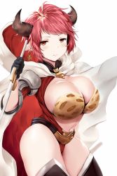 Rule 34 | 10s, 1girl, breasts, cape, cleavage, draph, granblue fantasy, hews, highres, horns, huge breasts, jitome, looking at viewer, midriff, navel, pointy ears, pout, red hair, short hair, simple background, solo, sturm (granblue fantasy), sword, thighs, weapon, white background